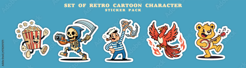 Fototapeta premium Set of Retro Cartoon Characters Sticker Pack.