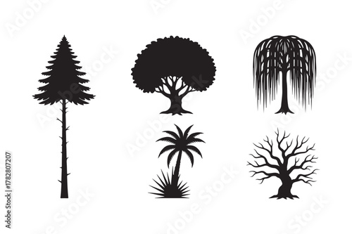 Silhouettes of diverse tree species on a white background