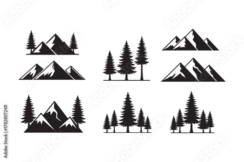Collection of mountain and pine tree silhouette illustrations