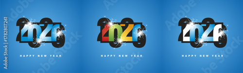 2026 Happy New Year event modern negative space design numbers typography on rectangle. Set collection of 2026 colorful white blue logo sparkle firework calendar, poster, banner social media template