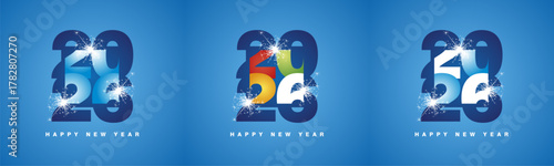2026 Happy New Year event part negative space design numbers typography on square. Set collection of 2026 colorful white blue logo sparkle firework calendar, poster, banner social media template