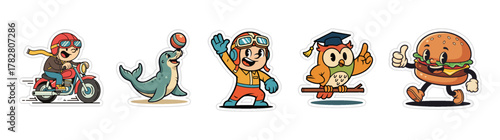 Collection of Cartoon Characters - Monkey on Motorcycle, Seal wi