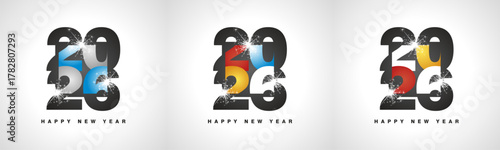 2026 Happy New Year event part negative space design numbers typography on square. Set collection of 2026 colorful white silver logo sparkle firework calendar, poster, banner social media template