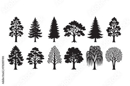 Collection of diverse tree silhouettes in black and white