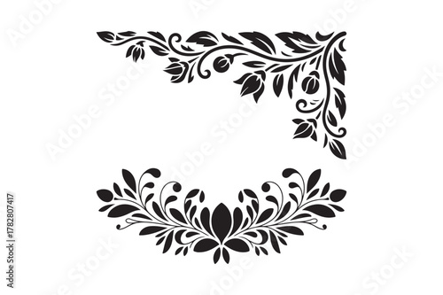 Elegant black floral corner and swirl decorative elements
