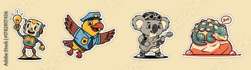 Set of four cartoon characters - a robot with a lightbulb, a bir