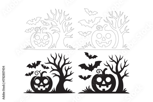 Spooky halloween scene with jack o lanterns bats and silhouetted trees