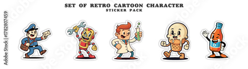 Set of Retro Cartoon Characters Sticker Pack.