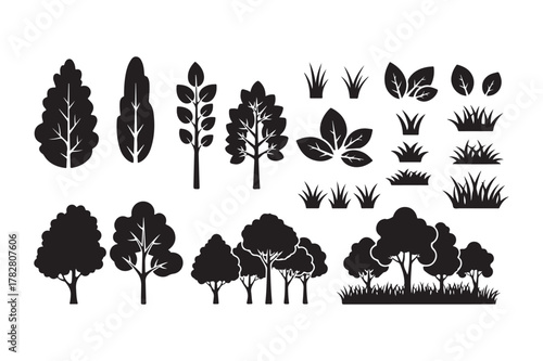 Collection of black silhouette trees and grass elements