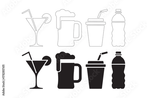 Collection of silhouette drinks and beverages in various glasses and bottles