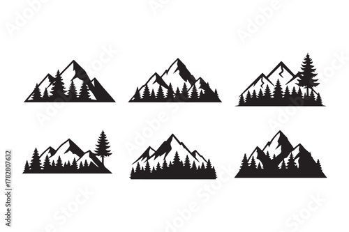 Collection of black silhouette mountain ranges with pine trees