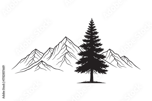 Silhouette of a pine tree against a mountain range illustration