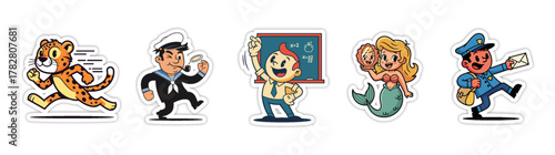 Collection of five cartoon characters - a running tiger, a sailo