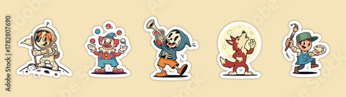 Set of five cartoon characters in various poses and costumes.