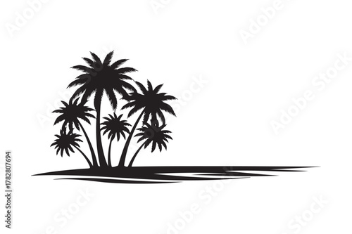 Silhouette of a cluster of palm trees on a tropical island