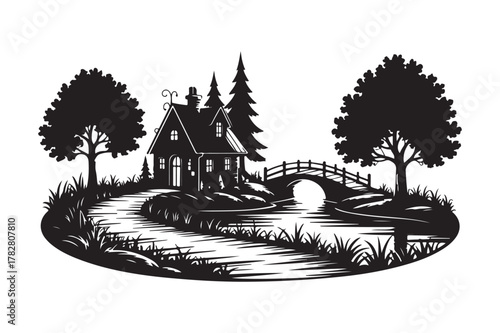 Rustic cottage by a winding river with a stone bridge