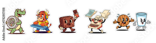 Cartoon characters of food items and animals in a playful style.