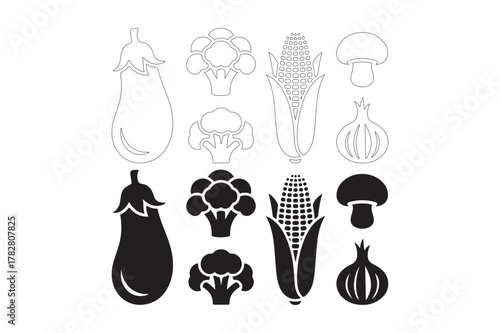 Collection of black and white vegetable silhouettes for design