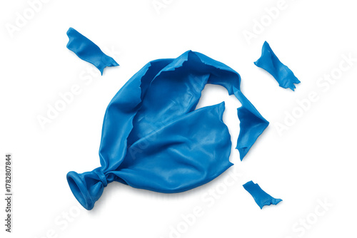 Blue popped balloon fragments on transparent background