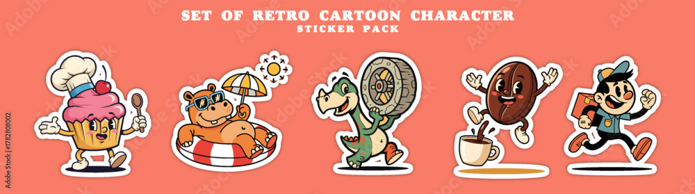 Fototapeta premium Set of Retro Cartoon Characters Sticker Pack.