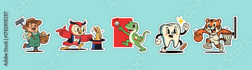 Set of Cartoon Characters - Carpenter, Owl Magician, Dinosaur, T