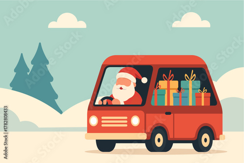 Santa Claus Driving a Van Filled with Christmas Gifts – Modern Flat Design Illustration