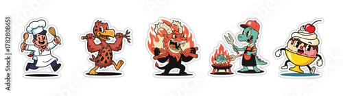 A vibrant collection of five cartoon food characters, each with