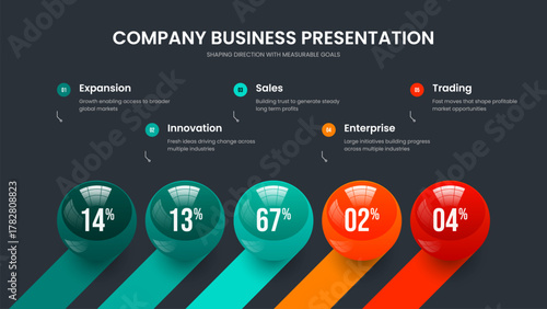 Company Solution Five Step Infographic Presentation Design. Consulting Forecast 5 Option Chart Slide Template. Elegant Plan Frame Layout Vector Illustration.
