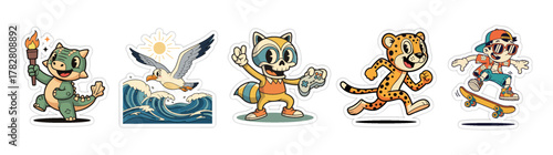 Collection of five cartoon animal characters engaged in various