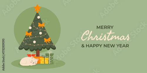 Christmas tree with gifts and sleeping cat. Cozy holiday greeting card, banner, poster design.