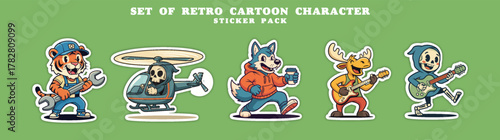 Set of Retro Cartoon Characters Sticker Pack.