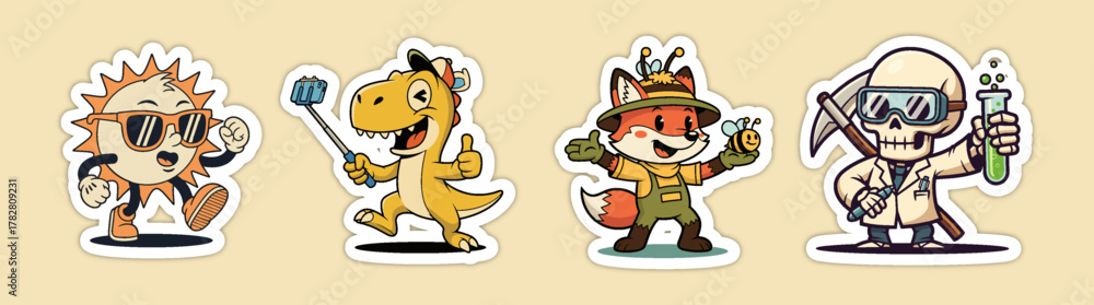 Naklejka premium Set of four cartoon character stickers - a cool sun, a dinosaur