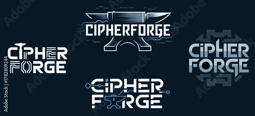 Cipher Forge typographic logo set with anvil blueprint and circuit motifs, modern cyber wordmarks and gear emblems for technology branding, software, esports