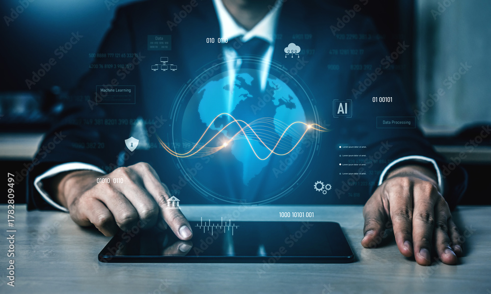 Fototapeta premium Global AI and data processing system enhances data, AI, and processing efficiency through digital network and global integration of intelligent technology Vouch