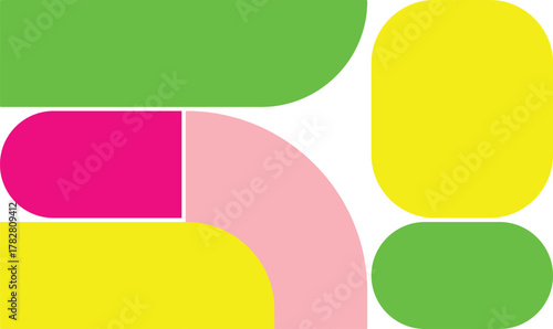 Abstract geometric design with vibrant colors, featuring rounded shapes in green, yellow, pink, and magenta on a clean backdrop