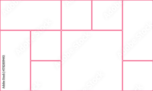 A pink line drawing on a shows a rectangular shape divided into smaller rectangles, creating an abstract geometric composition