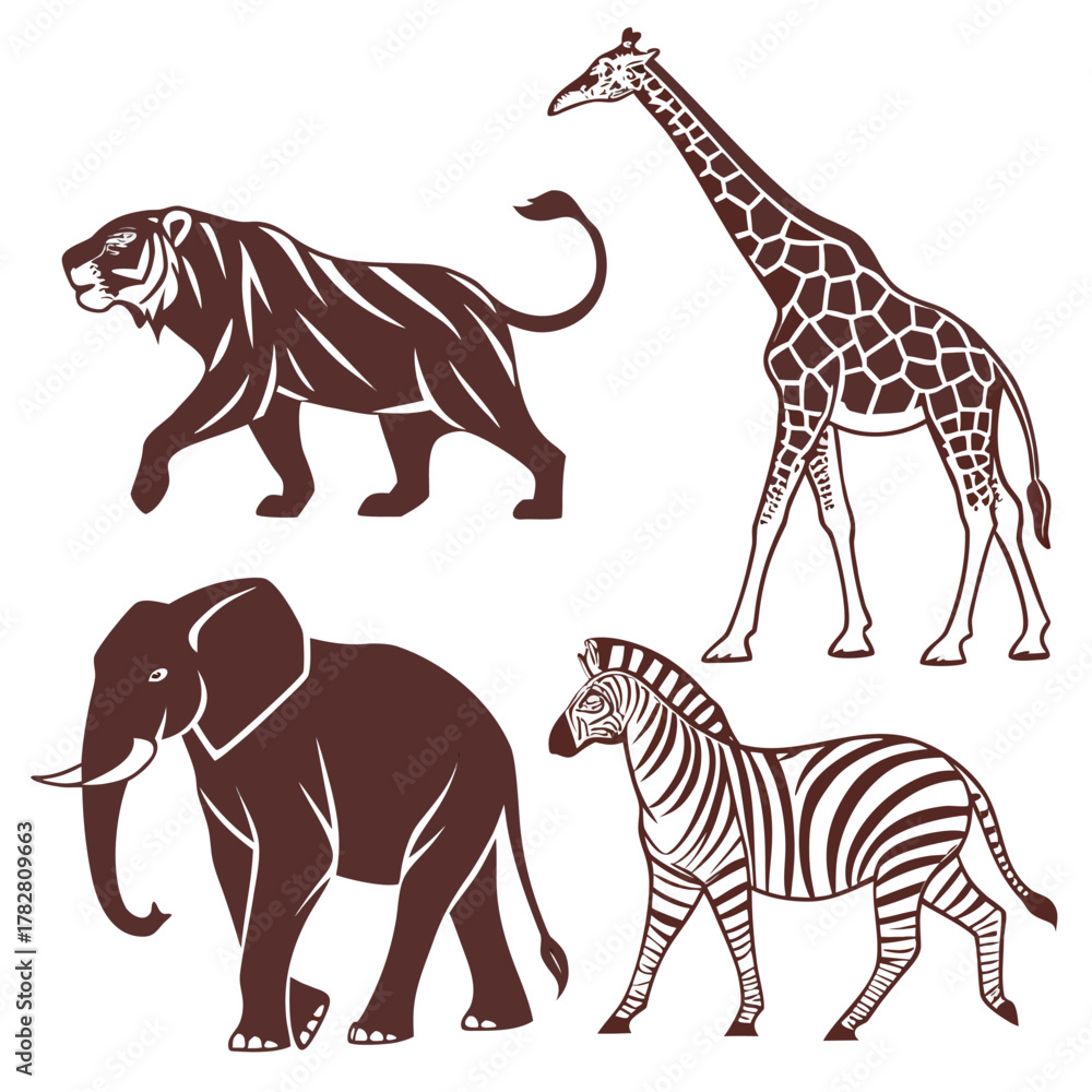 Obraz premium African and Asian Big Cat Silhouettes with Giraffe and Zebra