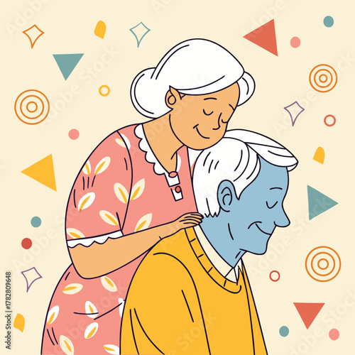 Affectionate Elderly Couple Embracing with Abstract Decorations Keywords: elderly couple, love