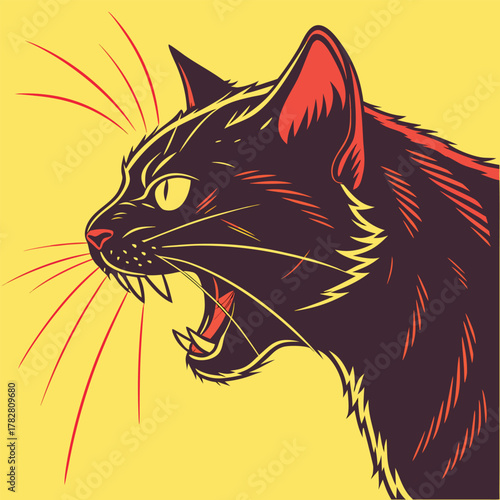Aggressive Black Cat Roaring with Red Accents animal
