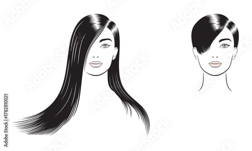 Vector drawing of outline fashion female faces with long and short hair, set of girls with hairstyle, front view, isolated, on white background.