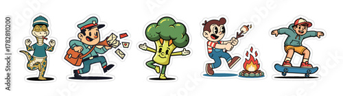 Set of five cartoon characters in various poses and activities.