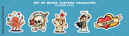 Set of Retro Cartoon Characters Sticker Pack with Vintage Style