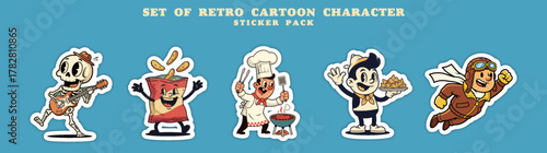 Set of Retro Cartoon Characters Sticker Pack.