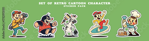Set of Retro Cartoon Characters Sticker Pack.