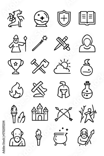 Fantasy game asset icons for creative projects, a set of stunning magical elements and mystical symbols, outlined