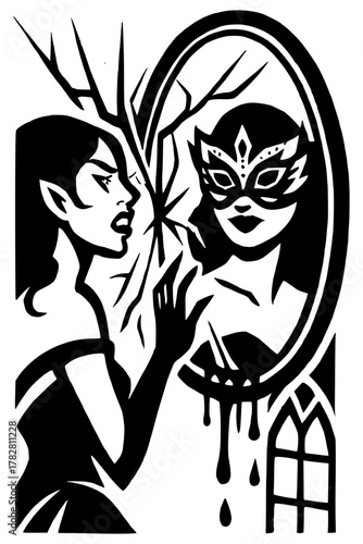 Enchanting sorceress gazes into a magical mirror revealing her masked reflection in a bewitching illustration