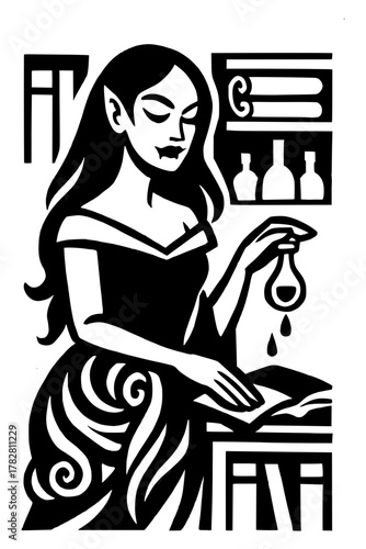 Enchanting vampire sorceress brews potion from ancient recipes in her magical laboratory, Halloween concept art