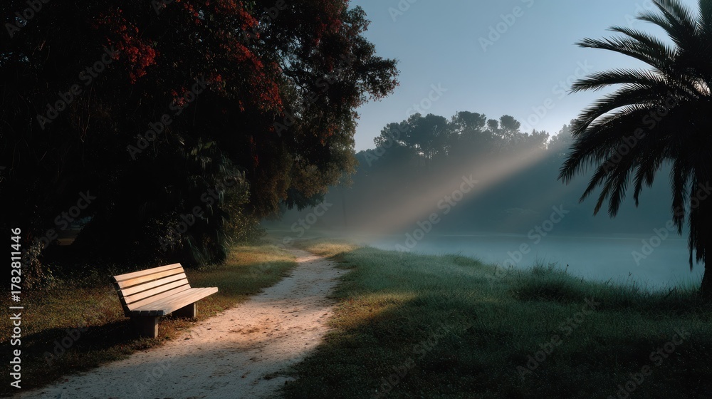 Obraz premium A park scene at dawn with a bench, a path, a lake, fog, and sunbeams