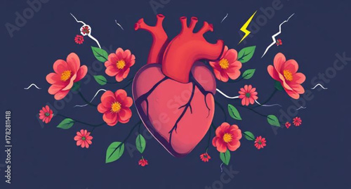 Pink floral heart vector illustration with butterflies for spring or summer card design