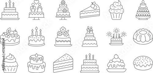cake, cupcake, slice of cake, wedding cake, birthday cake, celebration, dessert, sweet, pastry, bakery, food, icon, illustration, line art, outline, simple, minimalist, set, collection, vector, design